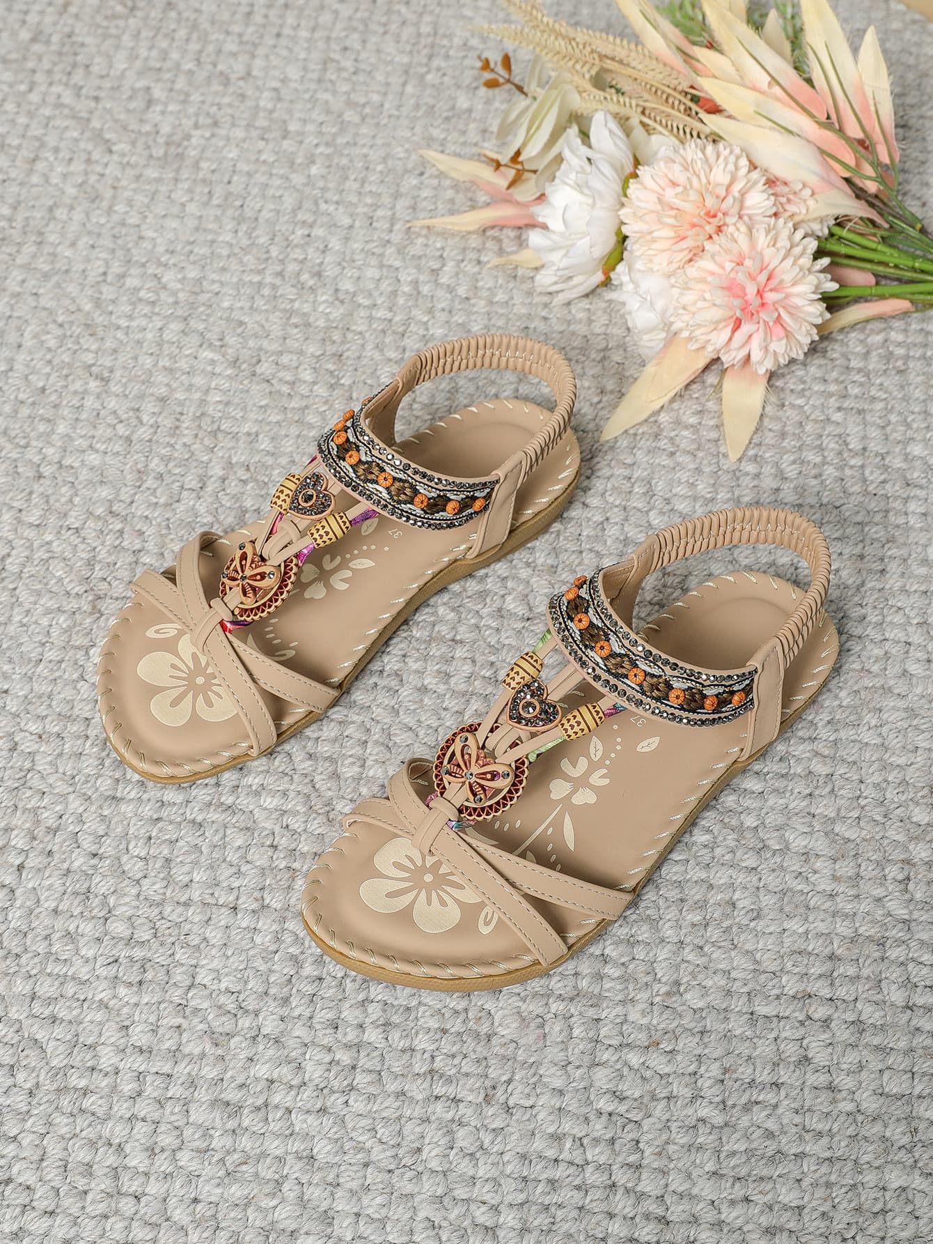 Handmade Wooden Buckle Bow Rhinestone Flat Sandals