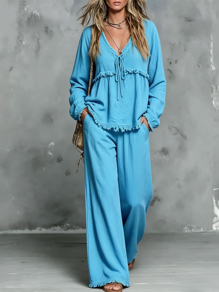 Women's V-neck Tassel Long-sleeve Top And Pants Set