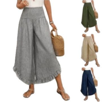 Solid-color Loose-fit, Ruched Elastic-waist Cropped Wide-leg Pants