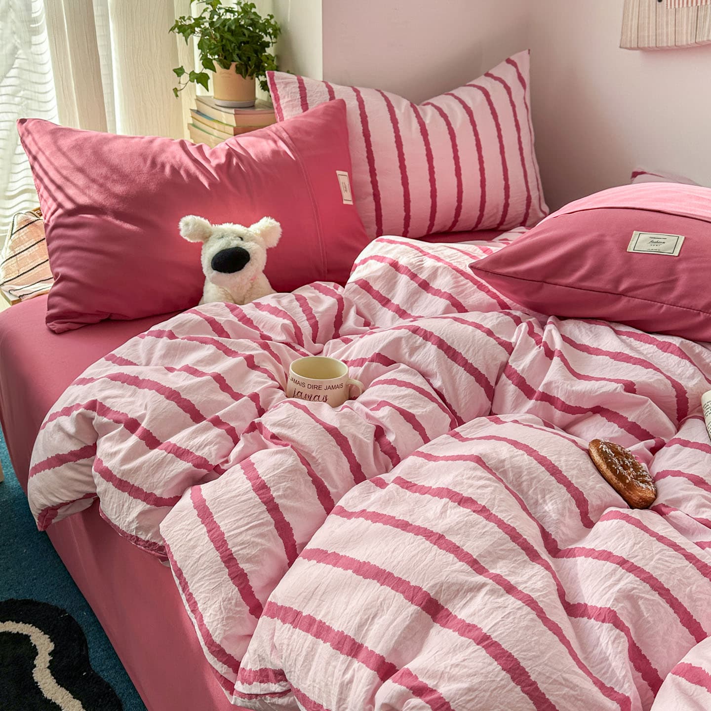 Extra Soft Washed Cotton Four Piece Bedding Set Bed Cover In Heart Patterned Stripes
