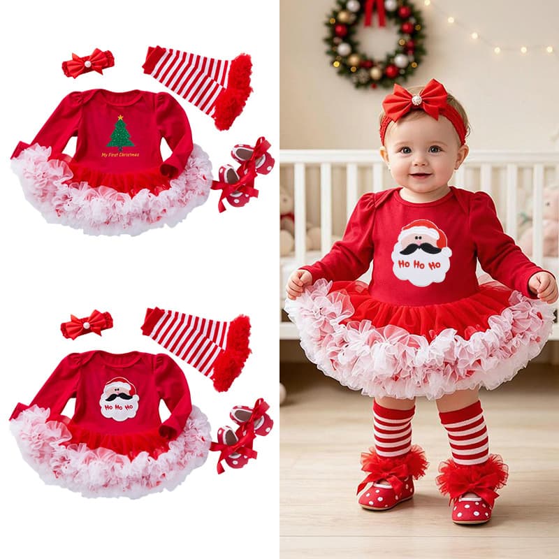 Baby Christmas Long-sleeve Cartoon Romper Dress Red Tulle One-piece Outfit Four-piece Set
