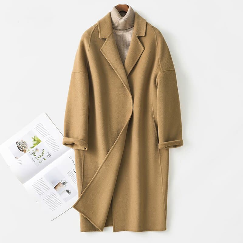 Women's Brown Double-faced Mid-length Solid-color Loose-fit Wool Coat