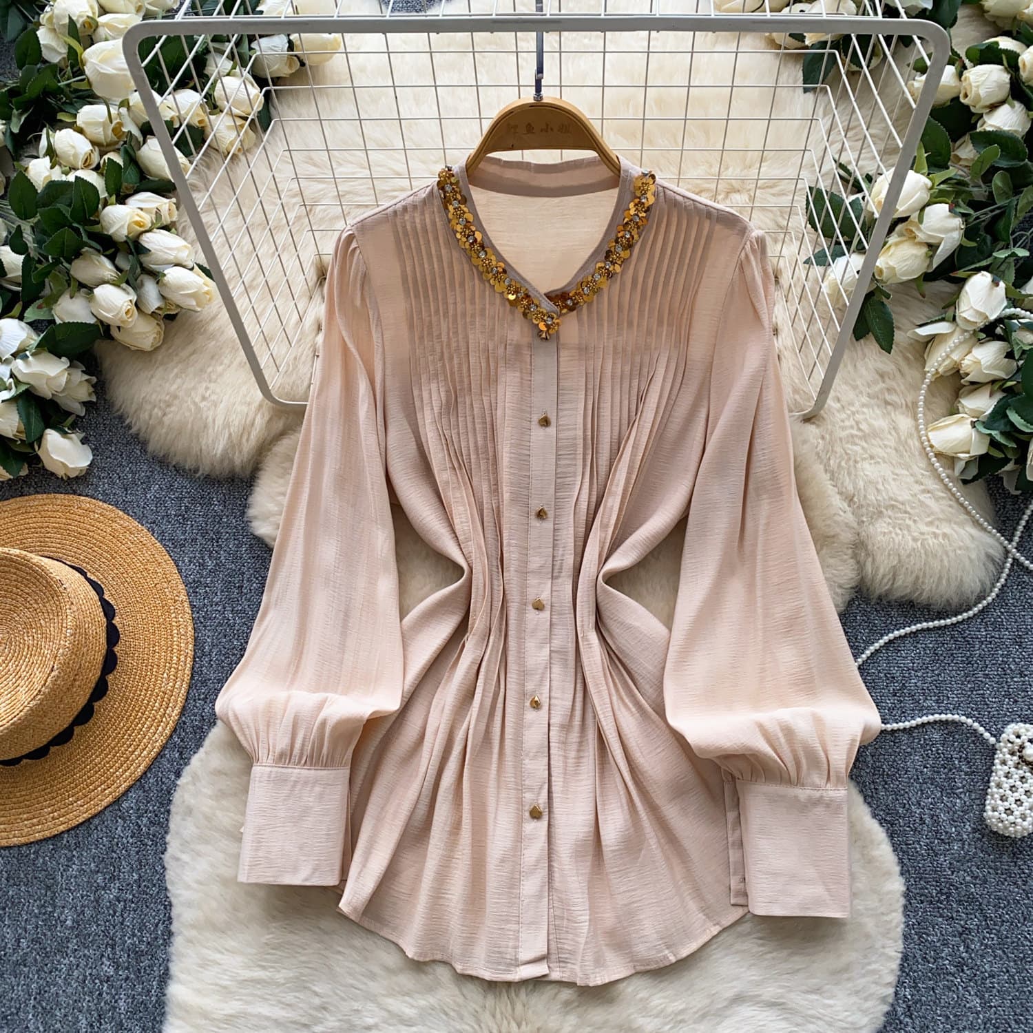 Women's Solid-color Loose-fit French-style Beaded Blouse