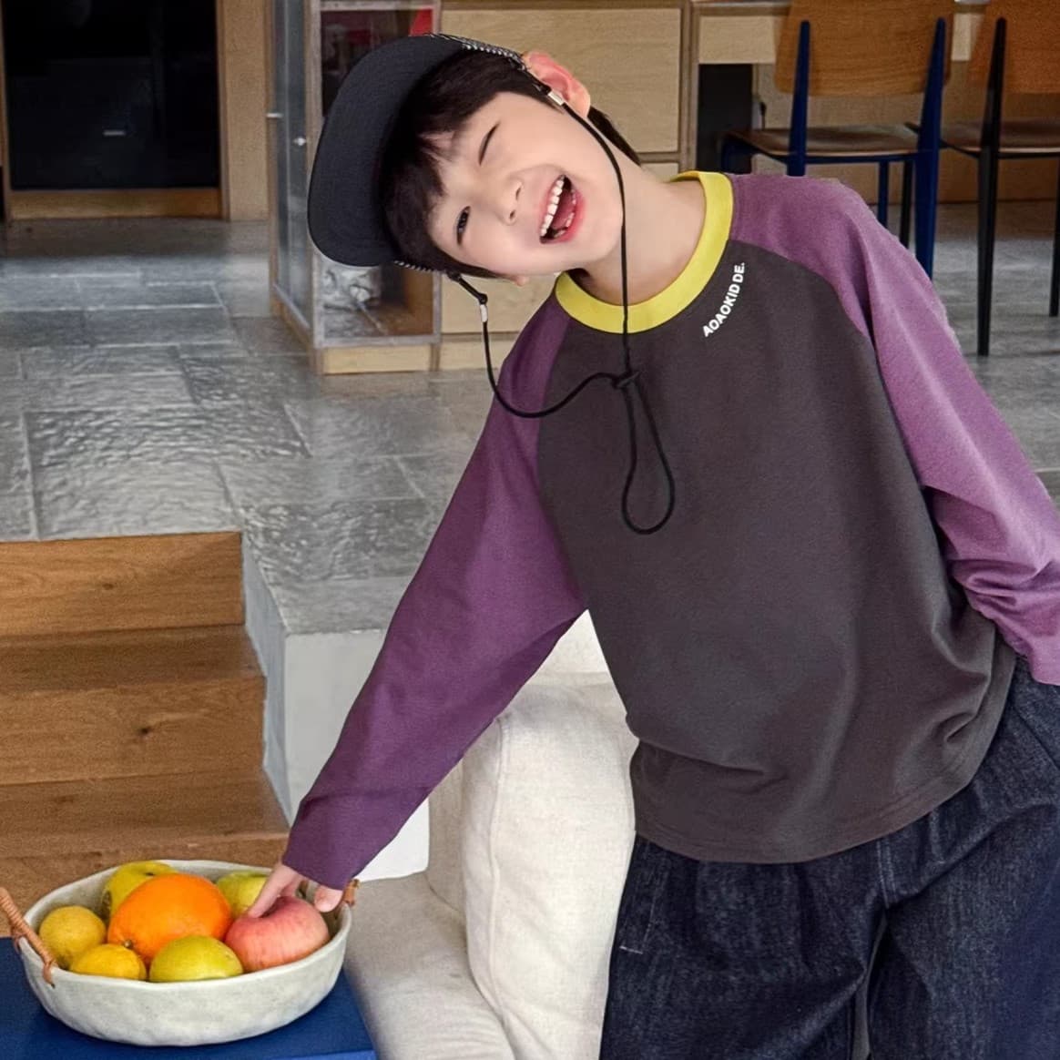 Korean-style Loose-fit Color-block Collar 100 Cotton Long-sleeve Kids' T-shirt