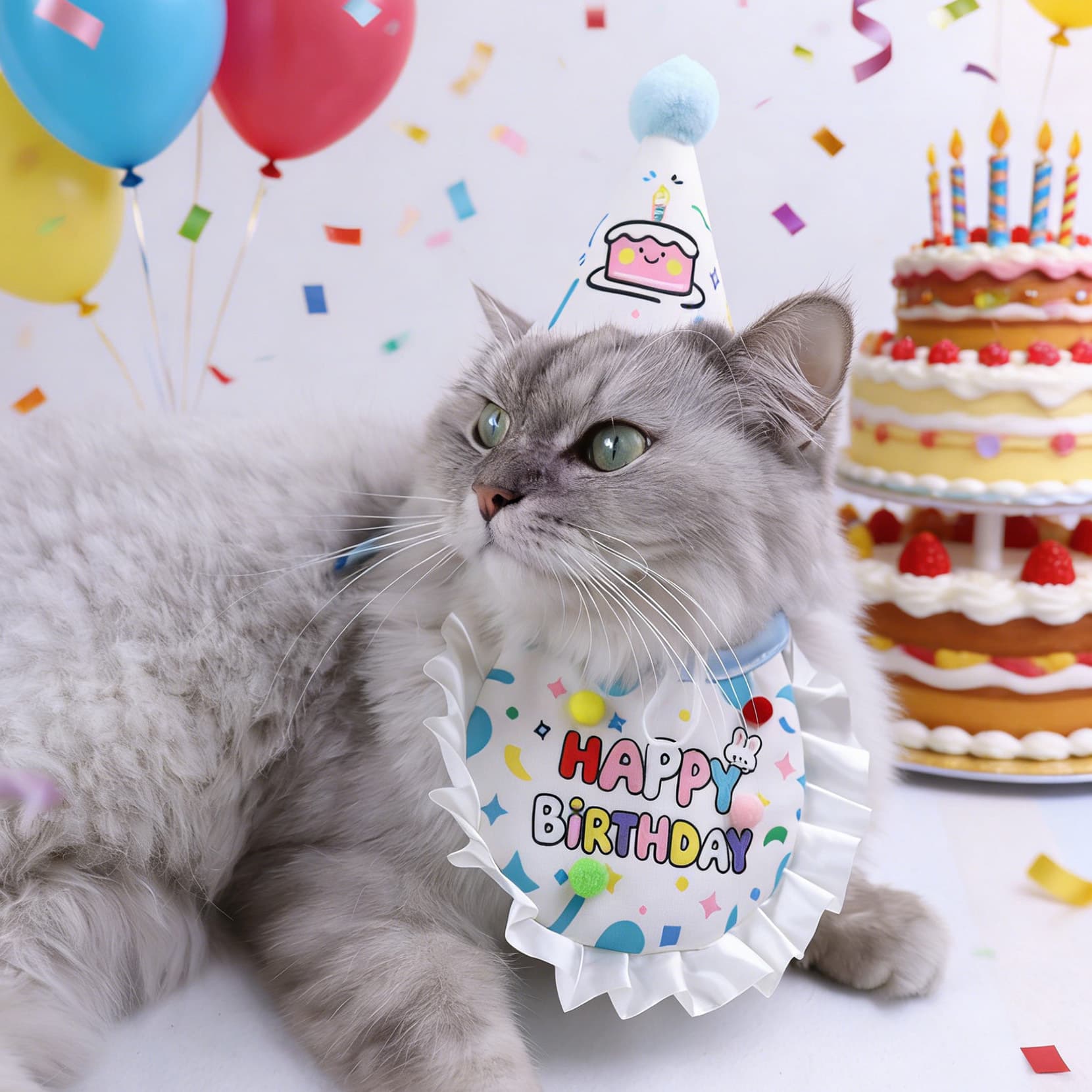 Cat And Dog Happy Birthday Hat And Neck Scarf Bib Set