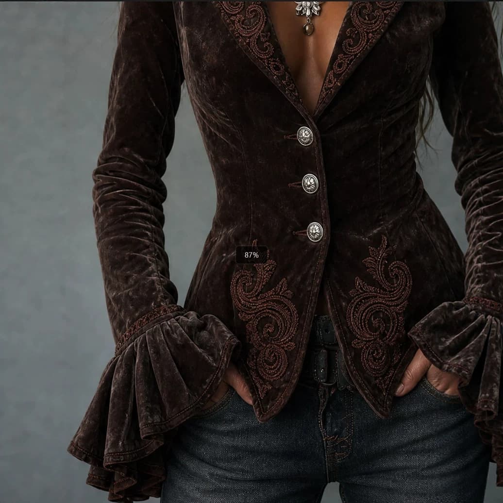 Fashionable Chocolate Velvet Embroidered Ruffle-Trim Jacket