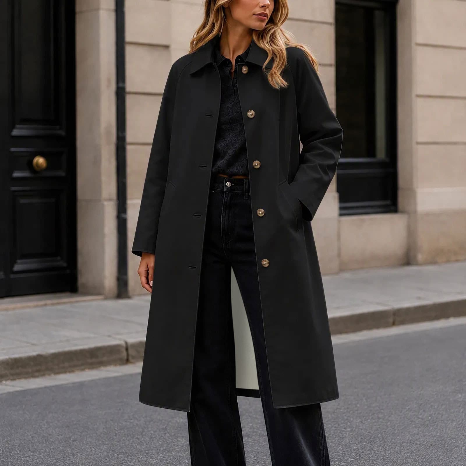 Women's Mid-length Notch-Collar Buttoned Coat
