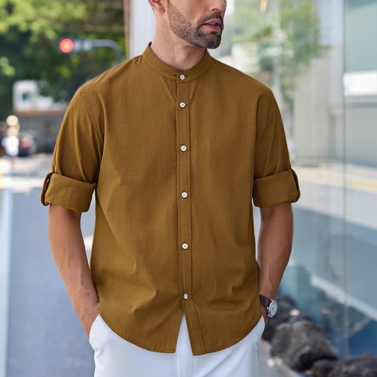 Solid Color Commute Trendy Brand Rolled Sleeves Shirt Coat Men