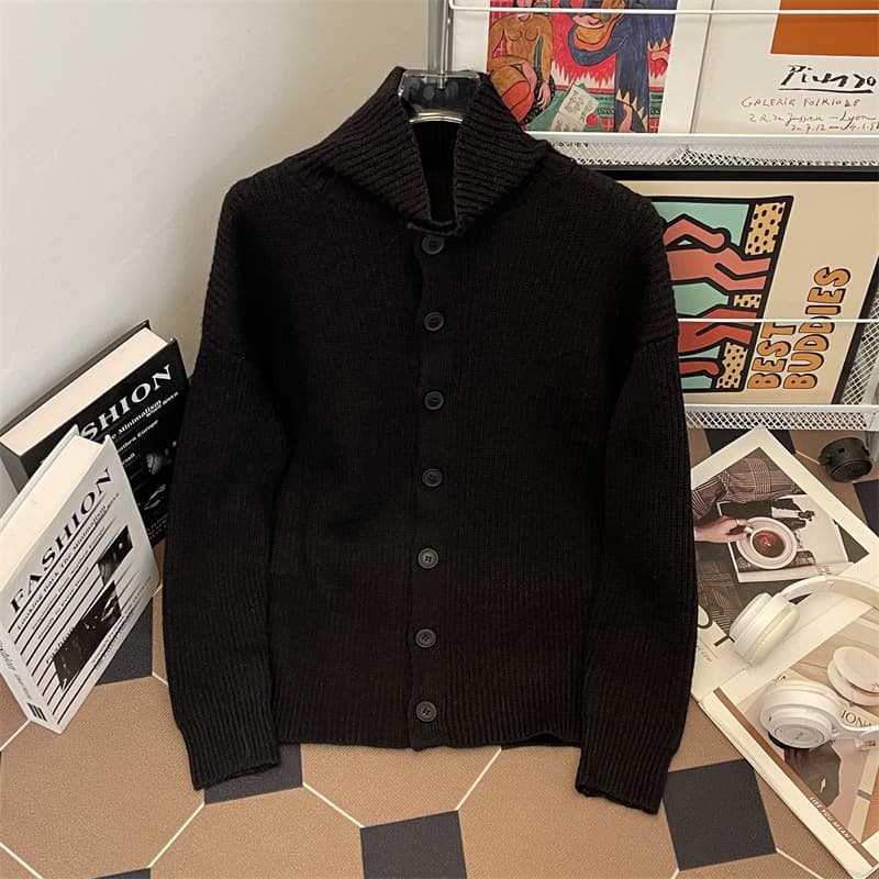 Mens High-Neck Sweater High-Street Style Thickened Loose-Fit Knitted Cardigan
