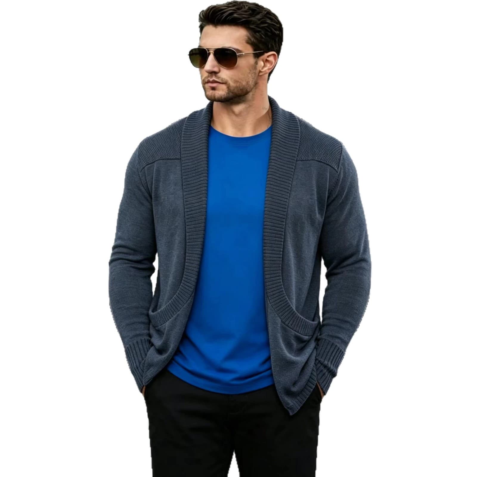 Mens Cardigan Sweater Shawl-Neck Knitted Coat