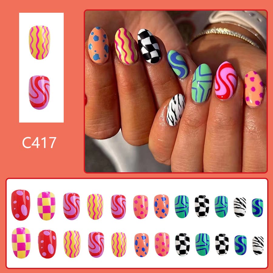 Short Glossy Square Tips With Colorful Grid Stripes And Speckled Patternswearable Nail Art Extensions