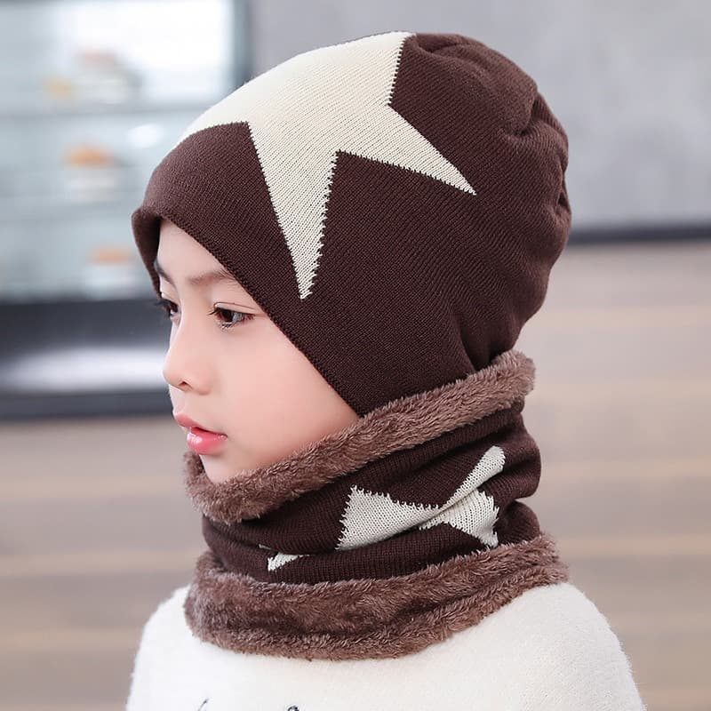 Children's Autumn Winter Fleece-Lined Warm Ear-Muffing Neck Warmer Set With Knitted Hat