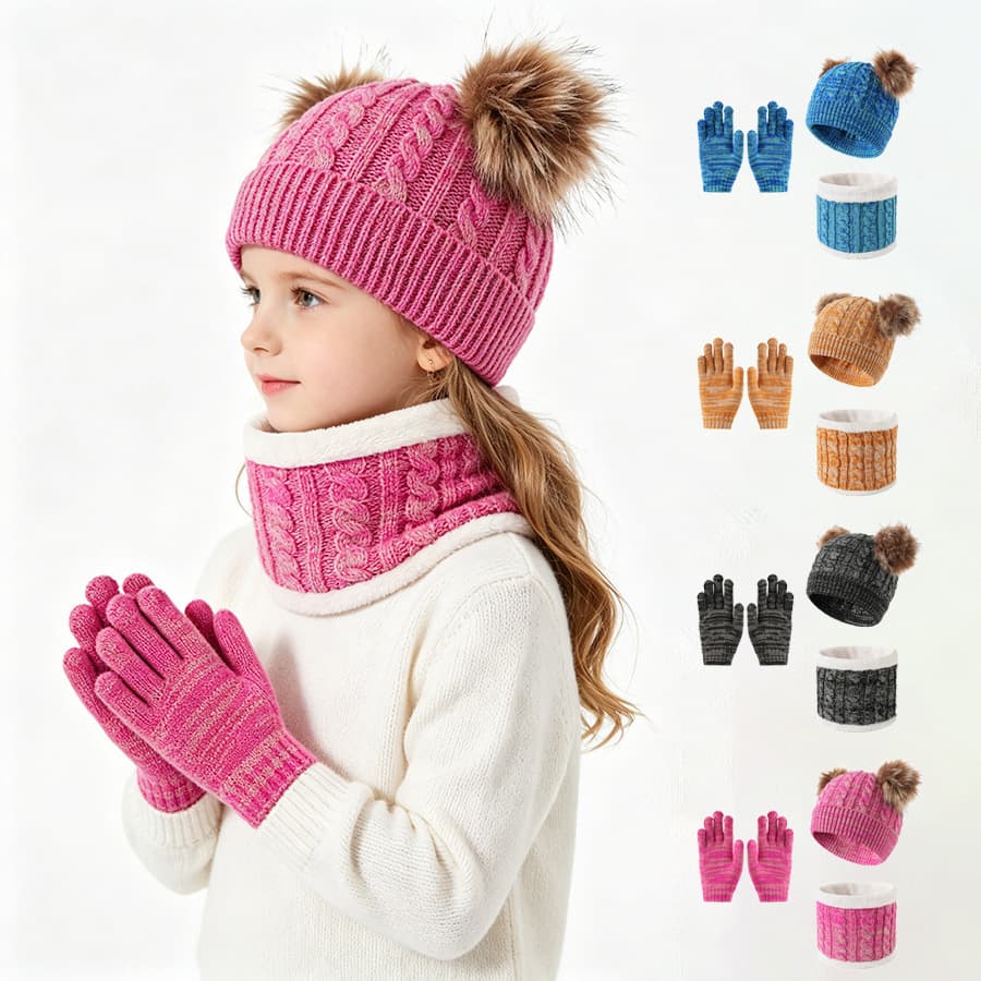 New Children's Double Ball Knitted Hat Scarf Gloves Set