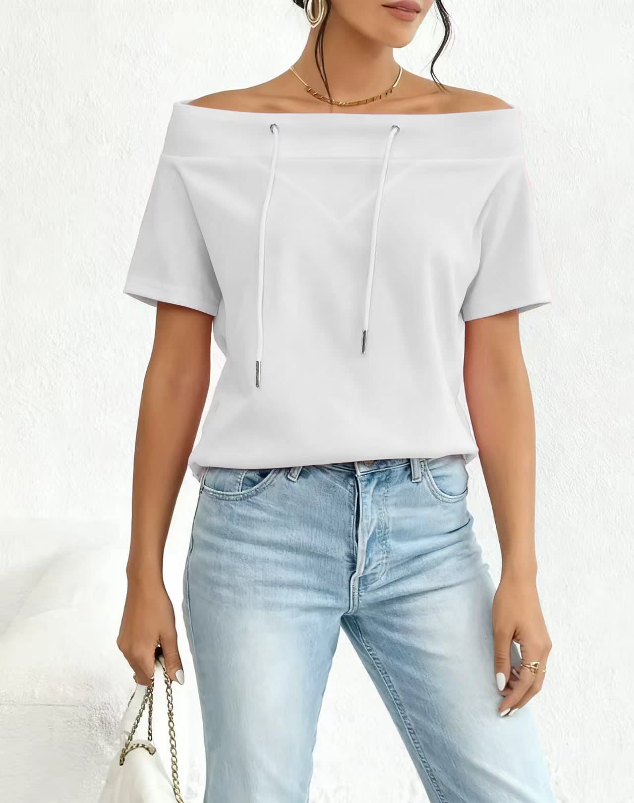 Womens Loose-fitting Casual Off-shoulder Short-sleeve Top With Drawstring Hem