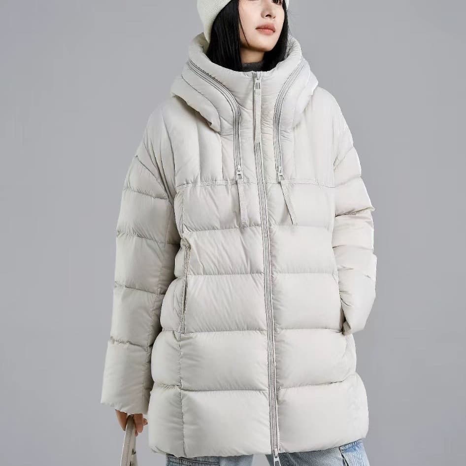 Mid-length Fashionable Loose-fitting Down Jacket With Hood