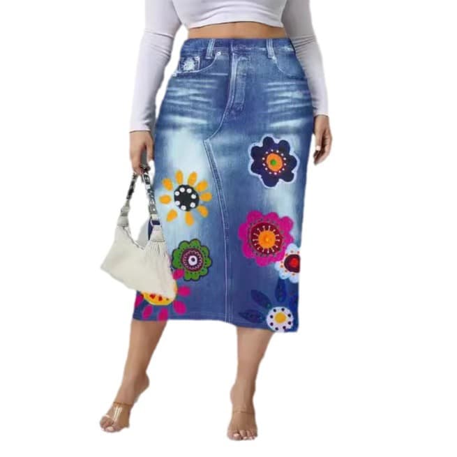 Denim-look Floral-print Bodycon Skirt