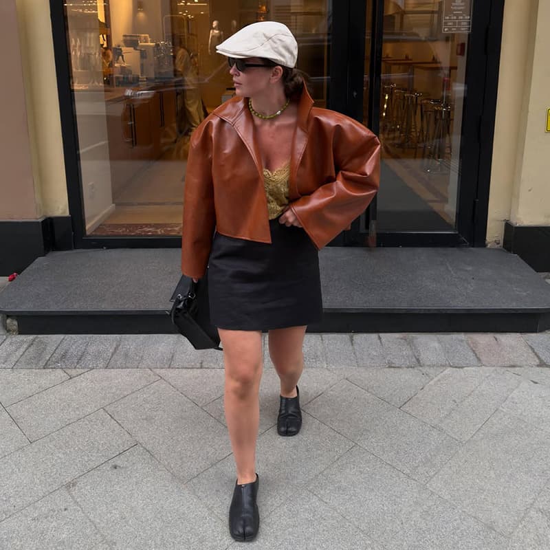Retro Stand Collar Wide Bell Sleeve Loose Short Leather Jacket Coat