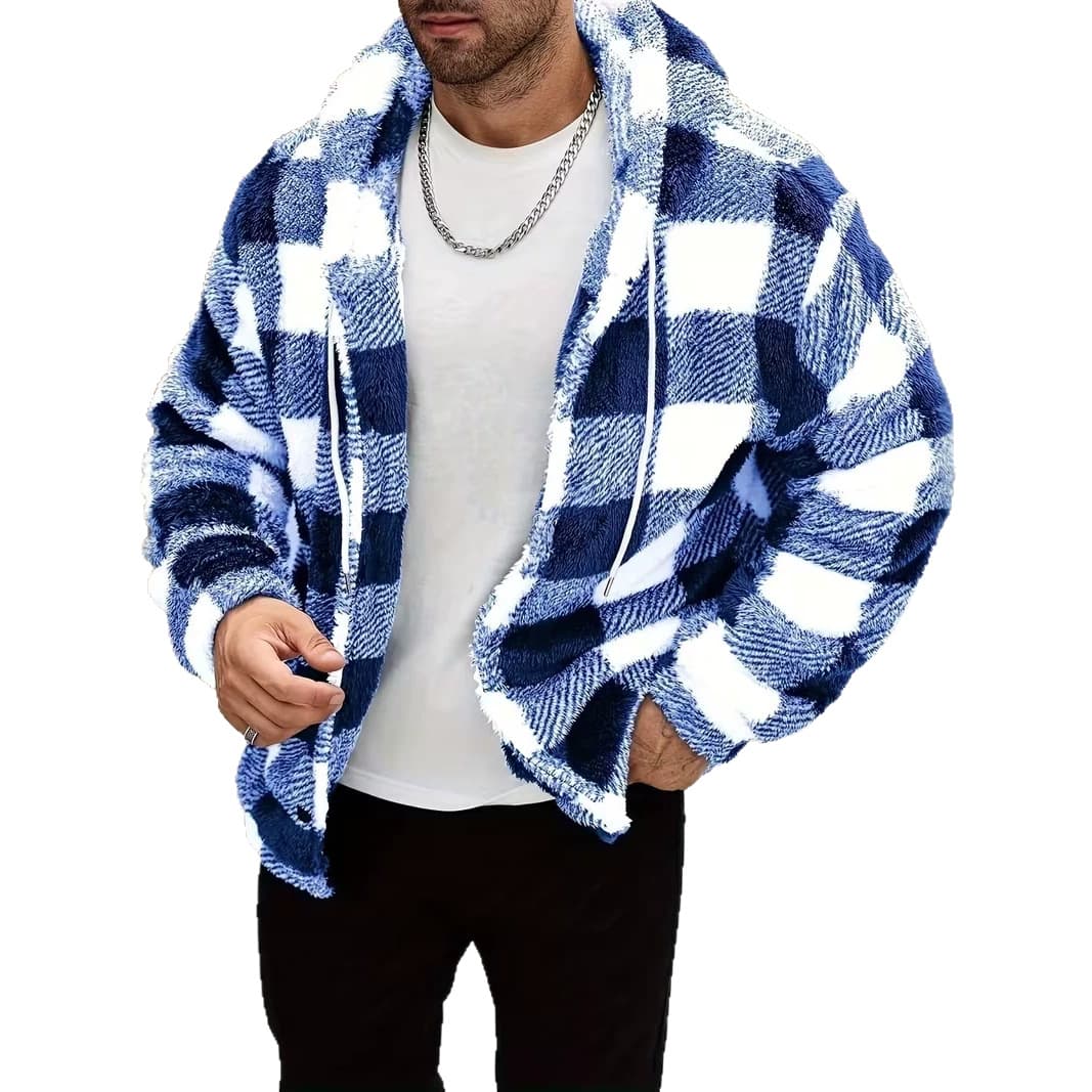 Mens Plaid-Printed Warm Hooded Long-Sleeve Top