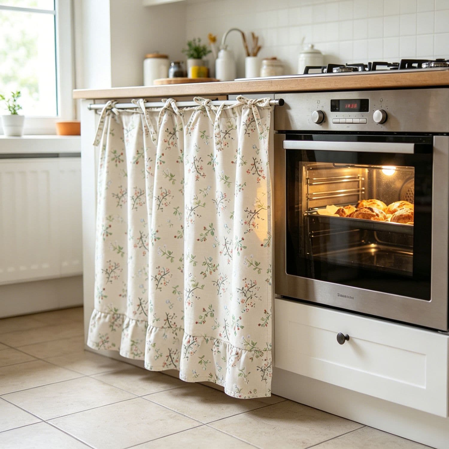 Cotton And Linen Floral-pattern Kitchen Cabinet Partition Curtain No Drilling Required