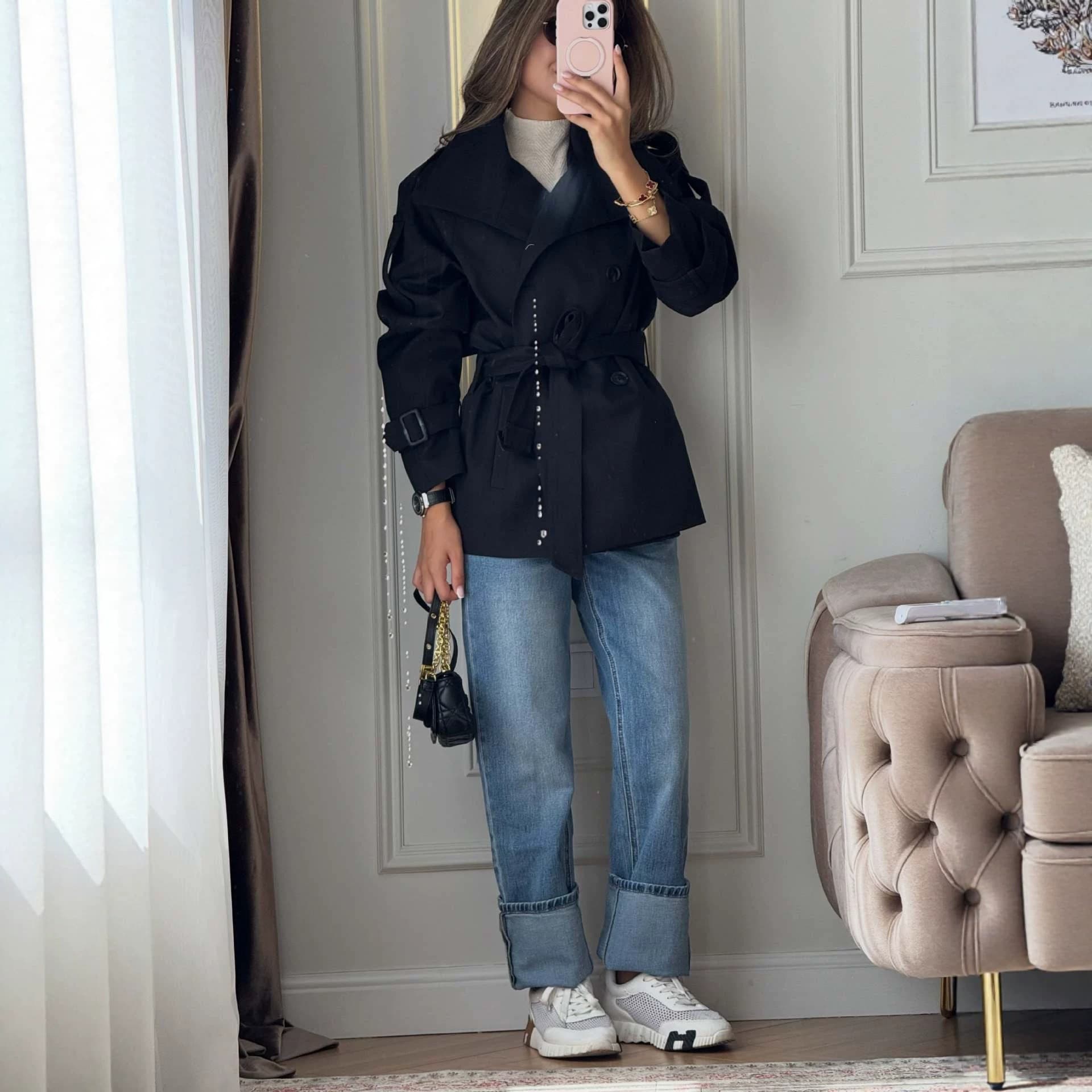 Womens Fashion Vintage Double-breasted Waist-cinching Trench Coat