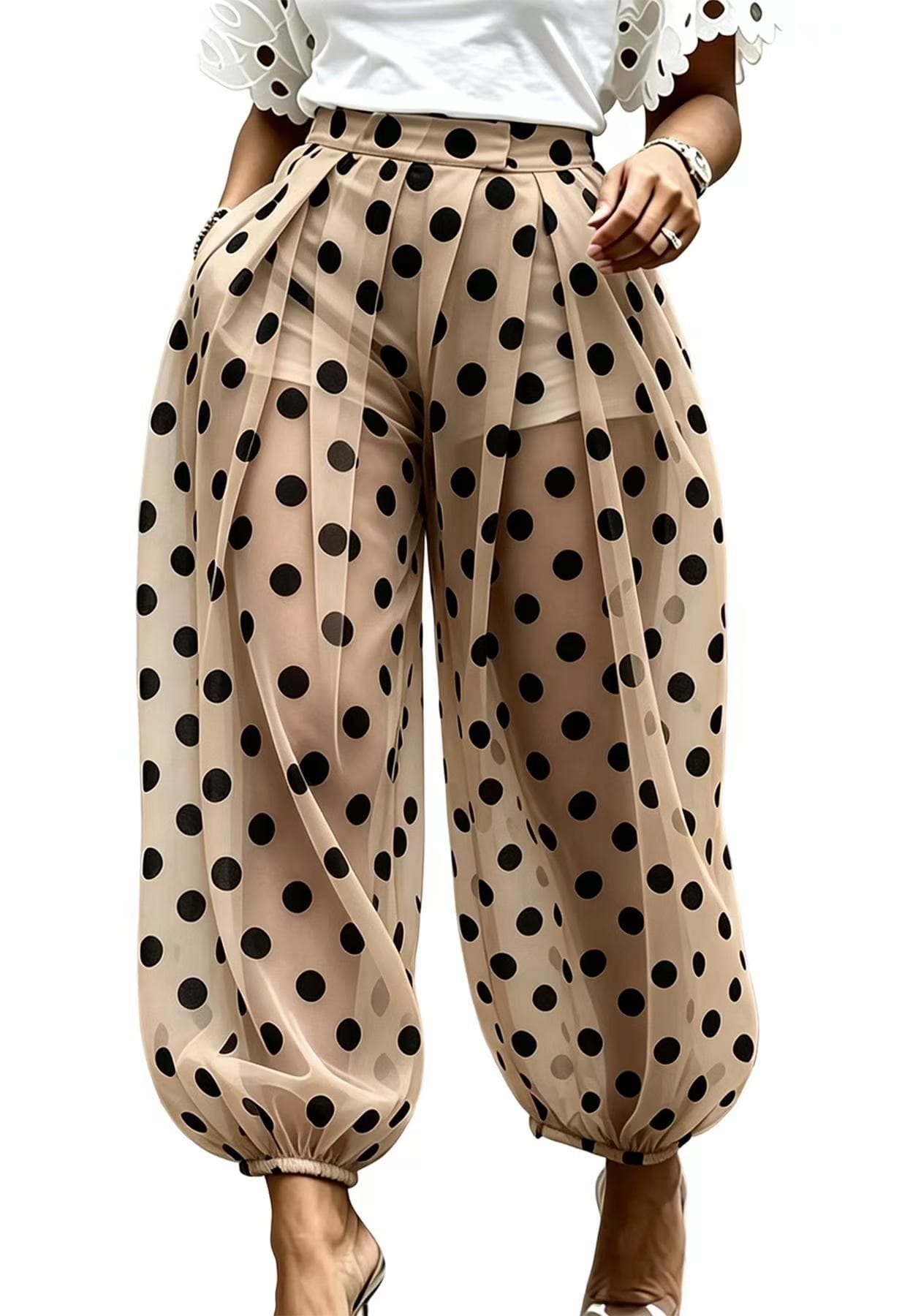 Contrast-color Polka-dot Print Harem Pants Street-style Sexy Sheer Loose Casual Trousers