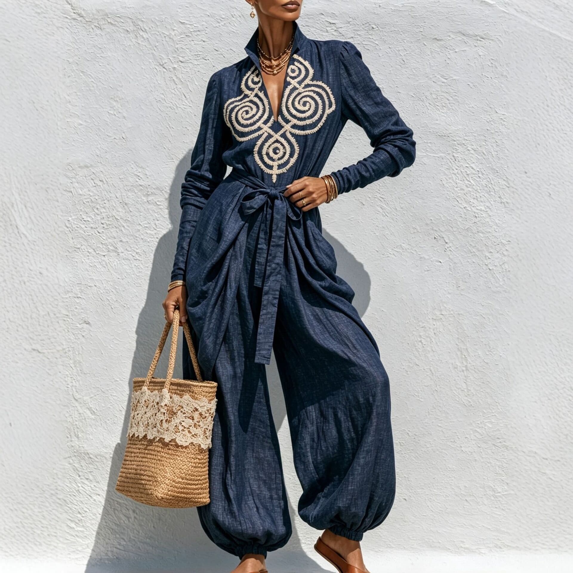 Resort-style Long-sleeve Wide-leg Pants For Women