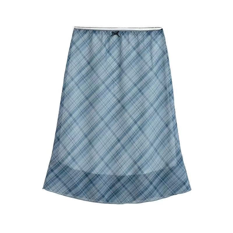 Bow-knot Ribbon Mesh Plaid Skirt For Women