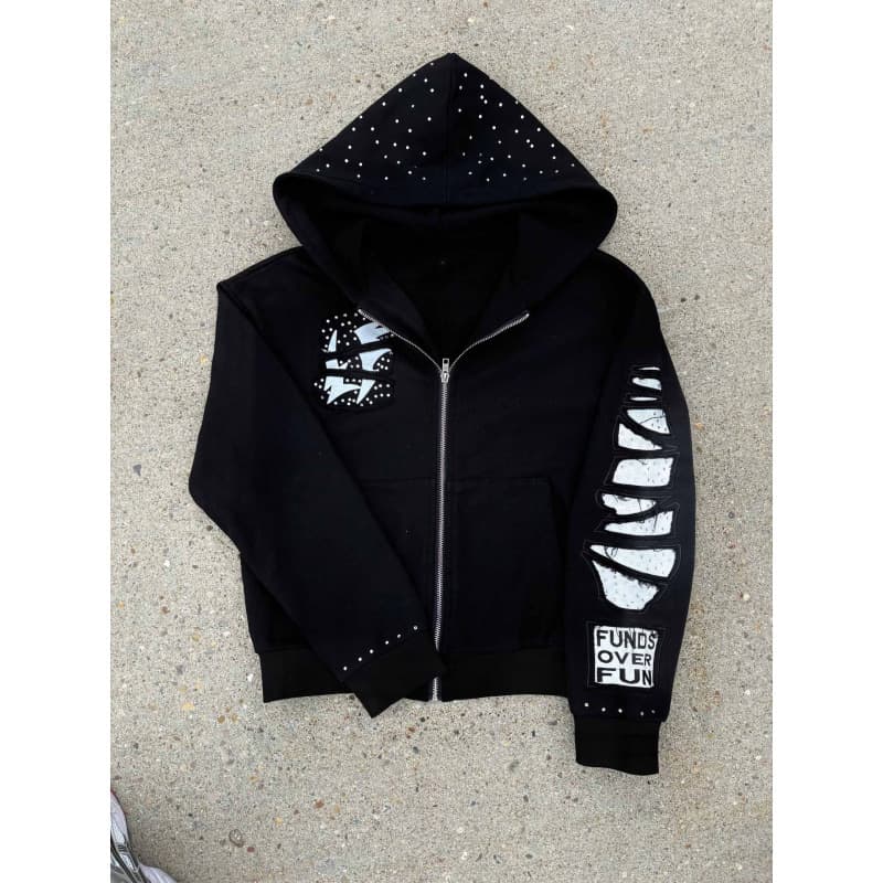 Street Hip-hop Rock-style Letter-print Relaxed-fit Zip-up Hooded Sweatshirt