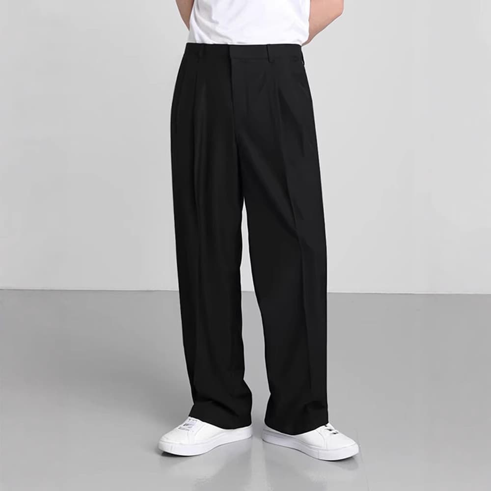 Mens Wide-Leg Suit Trousers With A Designer French-Style Hidden Button Closure