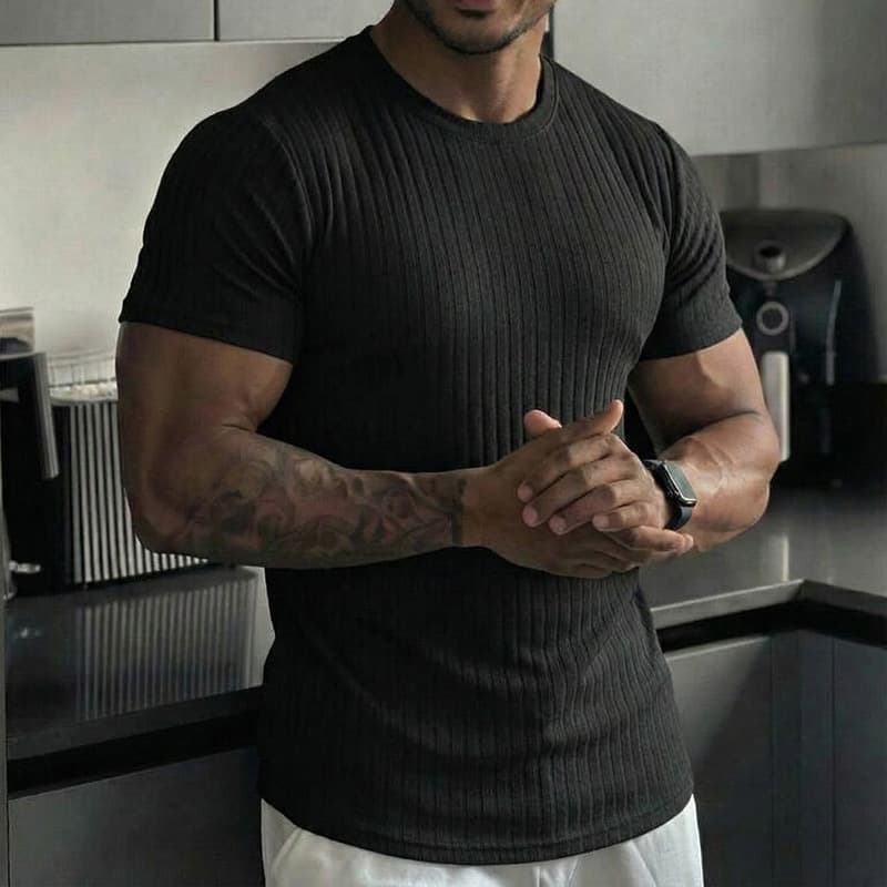 Men's Summer Sports And Fitness T-Shirt With Vertical Stripes And Crew Neck