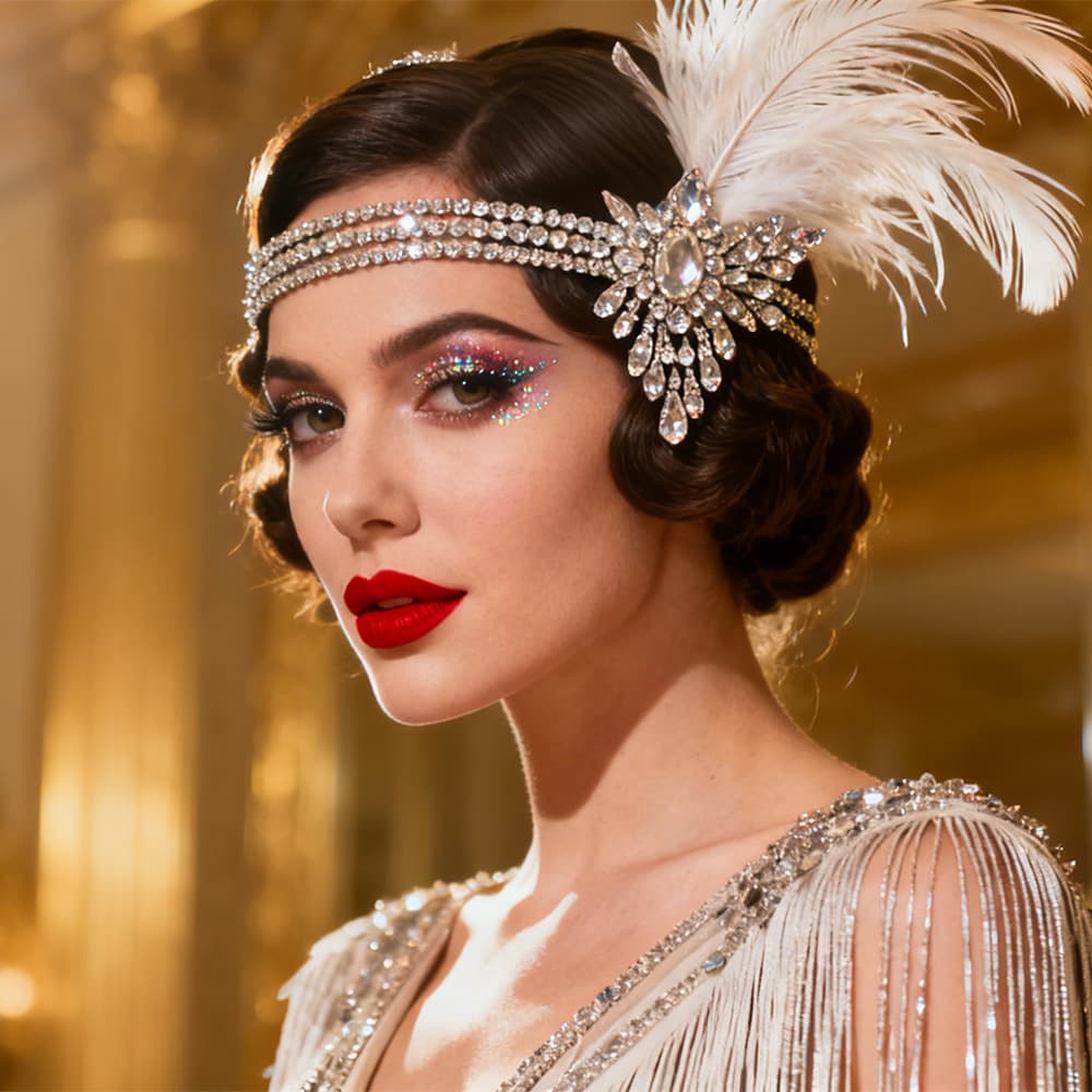 Vintage Gatsby Feather Headband with Rhinestones - Retro Flapper Hair Accessory for Party
