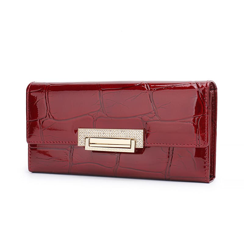 Women's Patent Leather Stone Pattern Long Genuine Leather Wallet