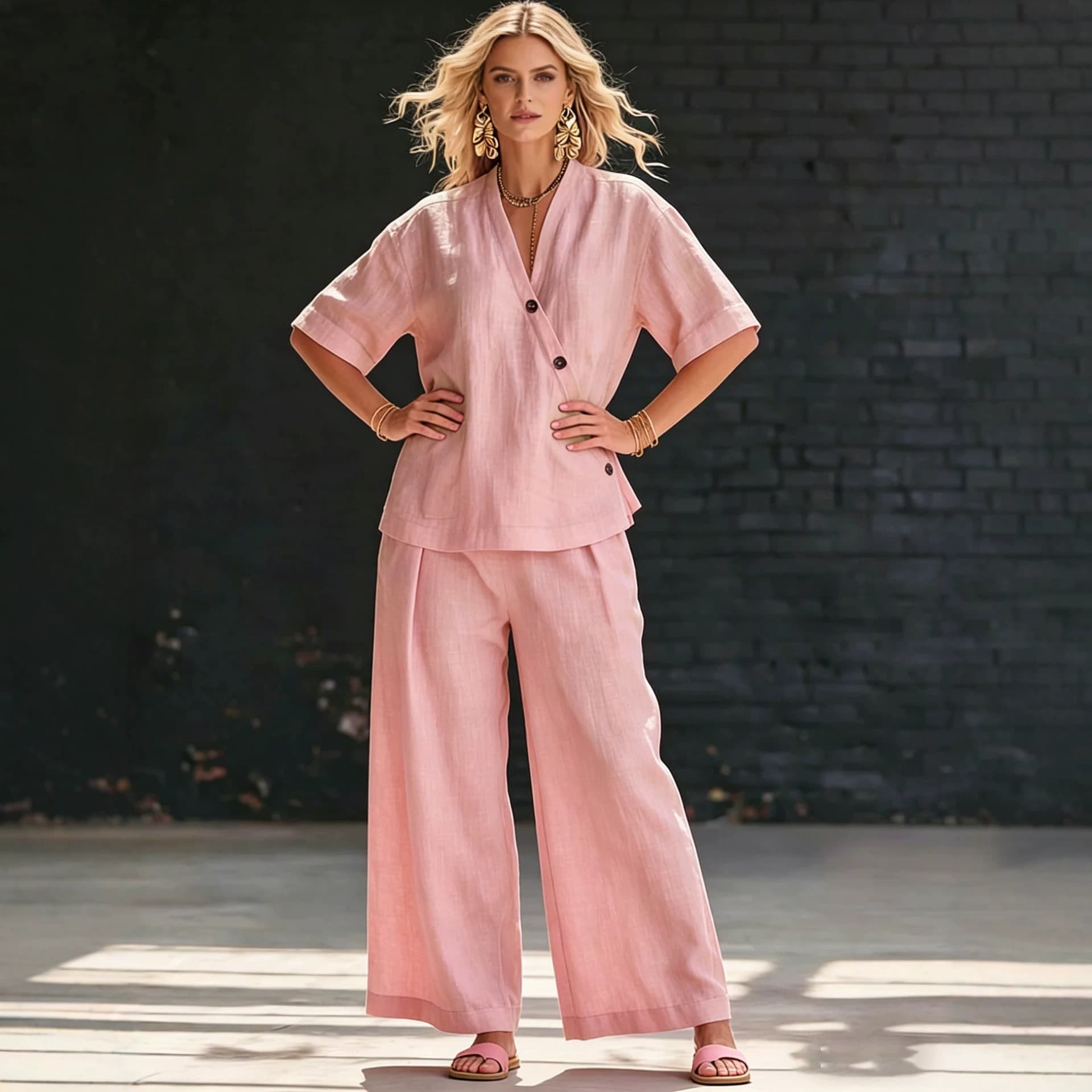 Womens V-neck Short-sleeve T-shirt And High-waisted Trousers Set