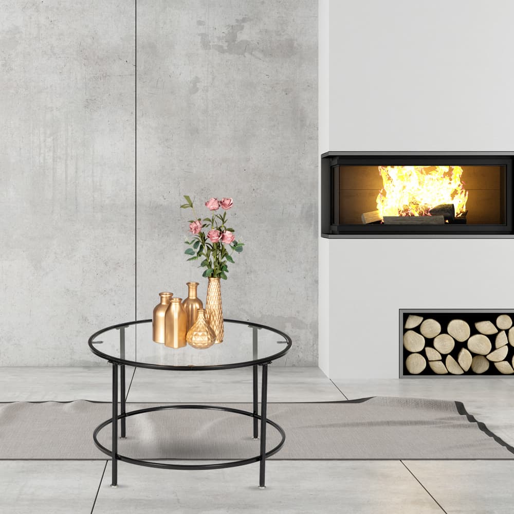 【Same Code:13962533】Artisasset 2 Layers 5mm Thick Tempered Glass Countertops Round Wrought Iron Coffee Table Black