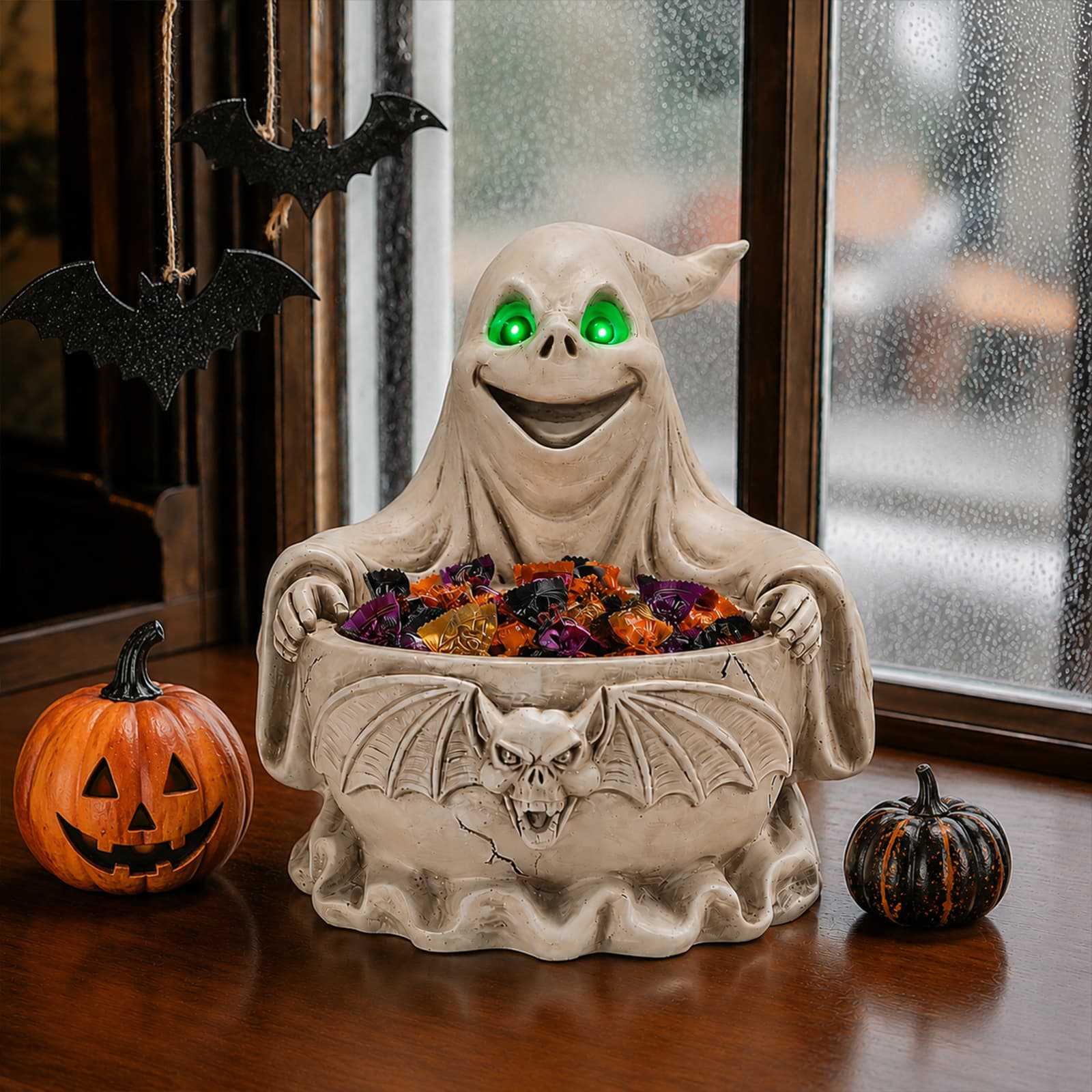 Halloween Ghost Storage Bowl Figurine, Spooky Candy Dish with LED Light for Halloween Party