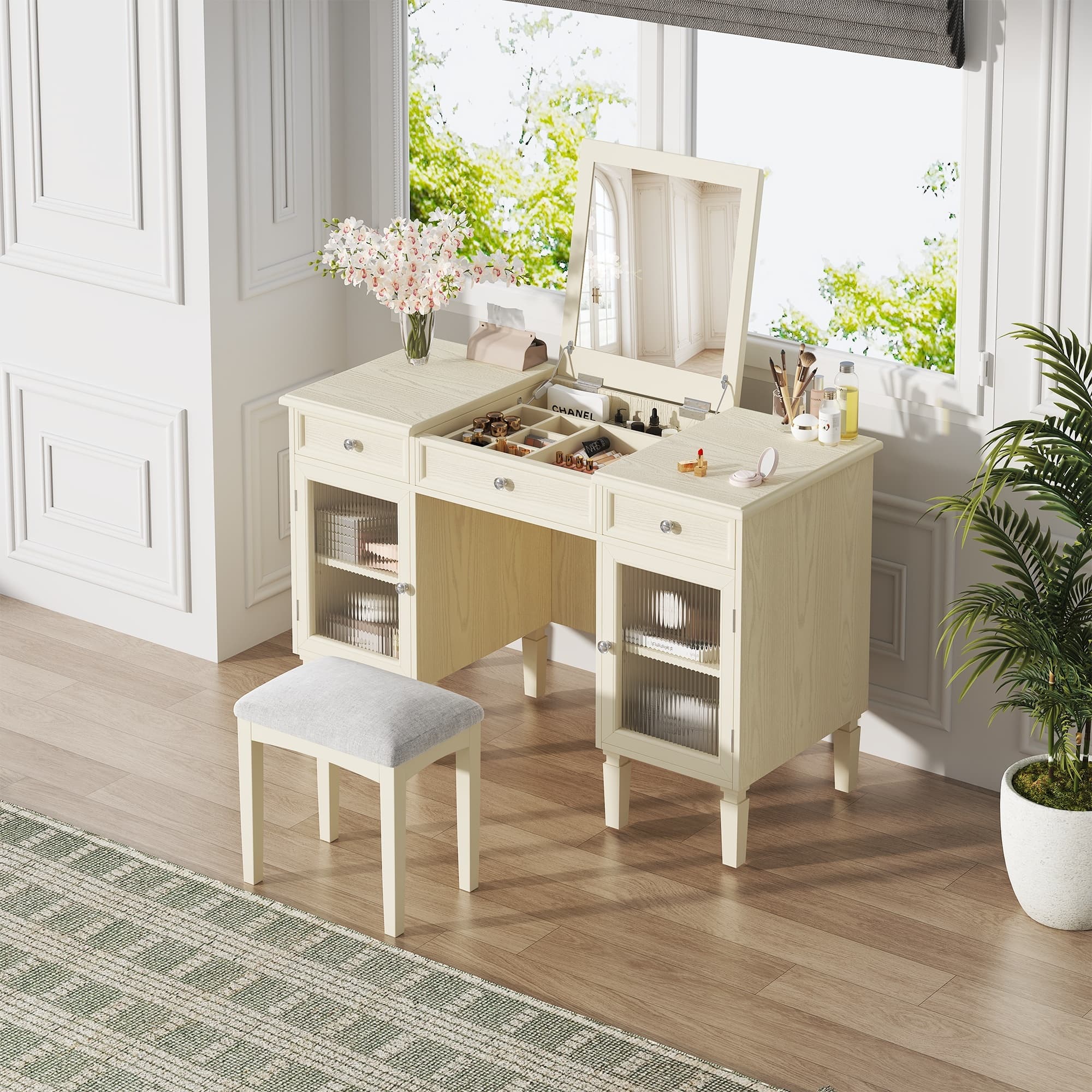 2-in-1 Vanity Desk with Flip-Top Mirror, Dressing Table Set with Drawer & Cabinet, Multi-Functional Computer Writing Desk for Study, Dressing Room, Bedroom, Living Room, White Oak