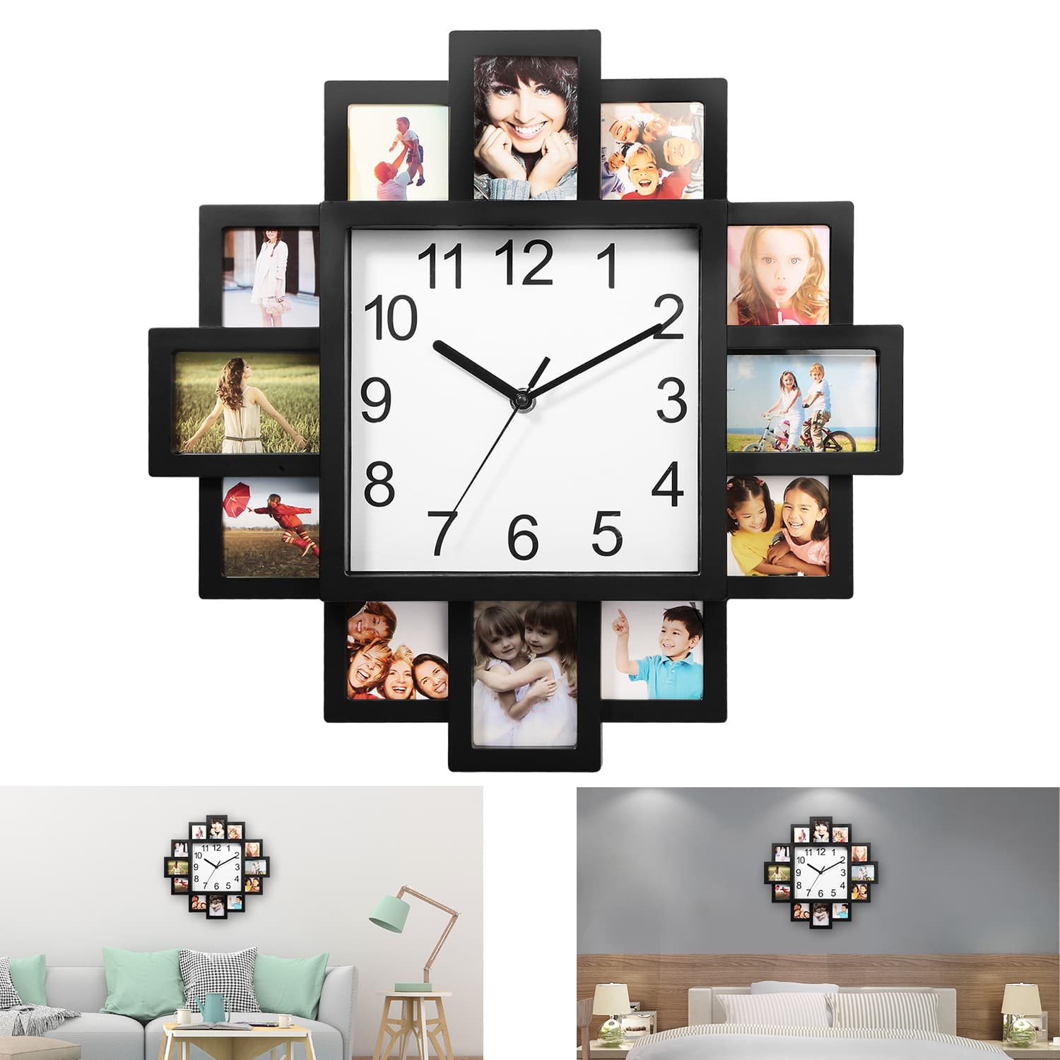 Decor Picture Frame Collage Clock - 12 Photo Display Slots - Wall Mounted Chic Farmhouse Wall Decor - Wall Clock for Living Room, Bedroom, Kitchen, Office