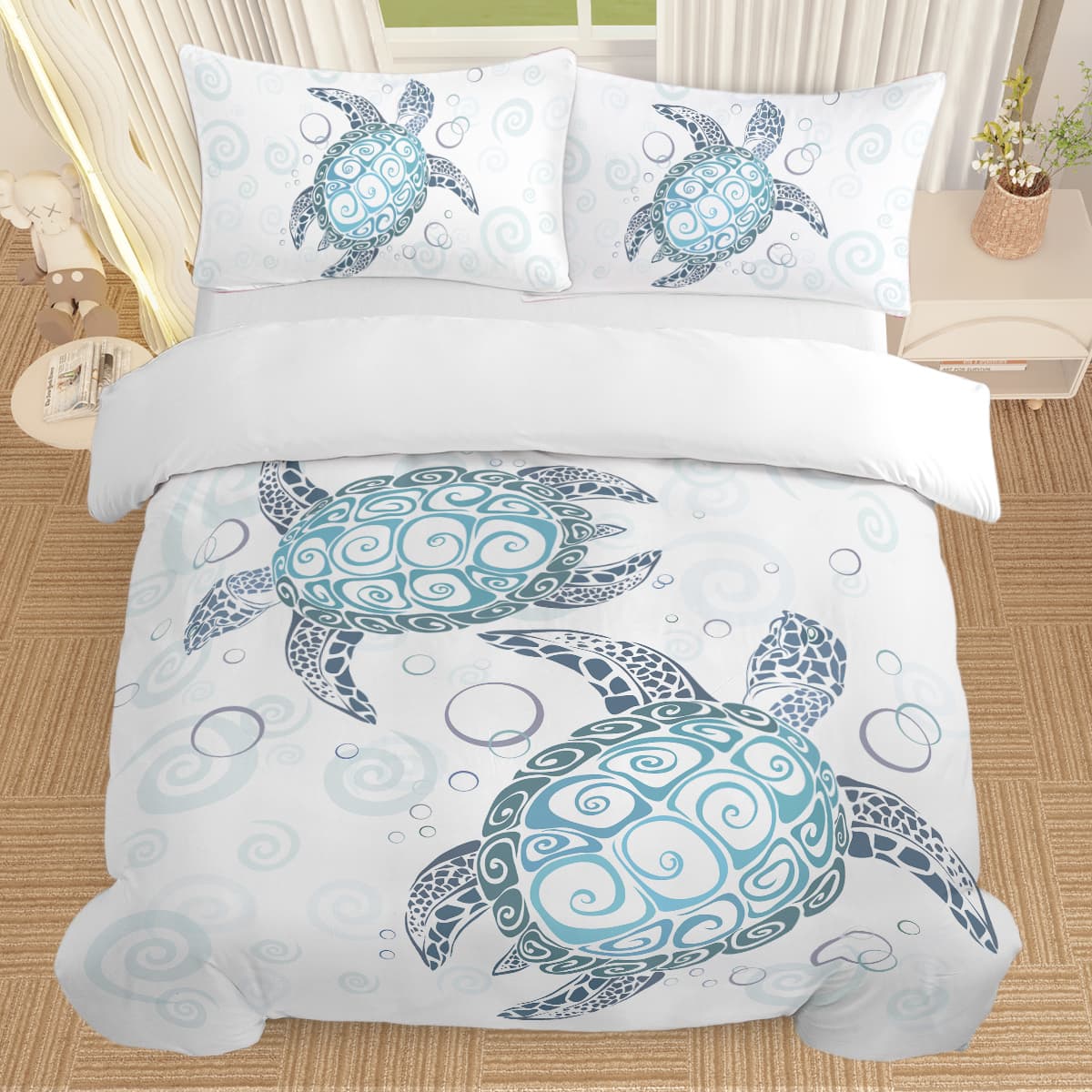Sea Turtle Bedding Aqua Teal Blue Duvet Cover Sets Beach Turtle Bed Sets Ocean 3 Piece Turtle Themed Comforter Cover with 2 Pillowcases Full Size(temu can only be self-picked up)