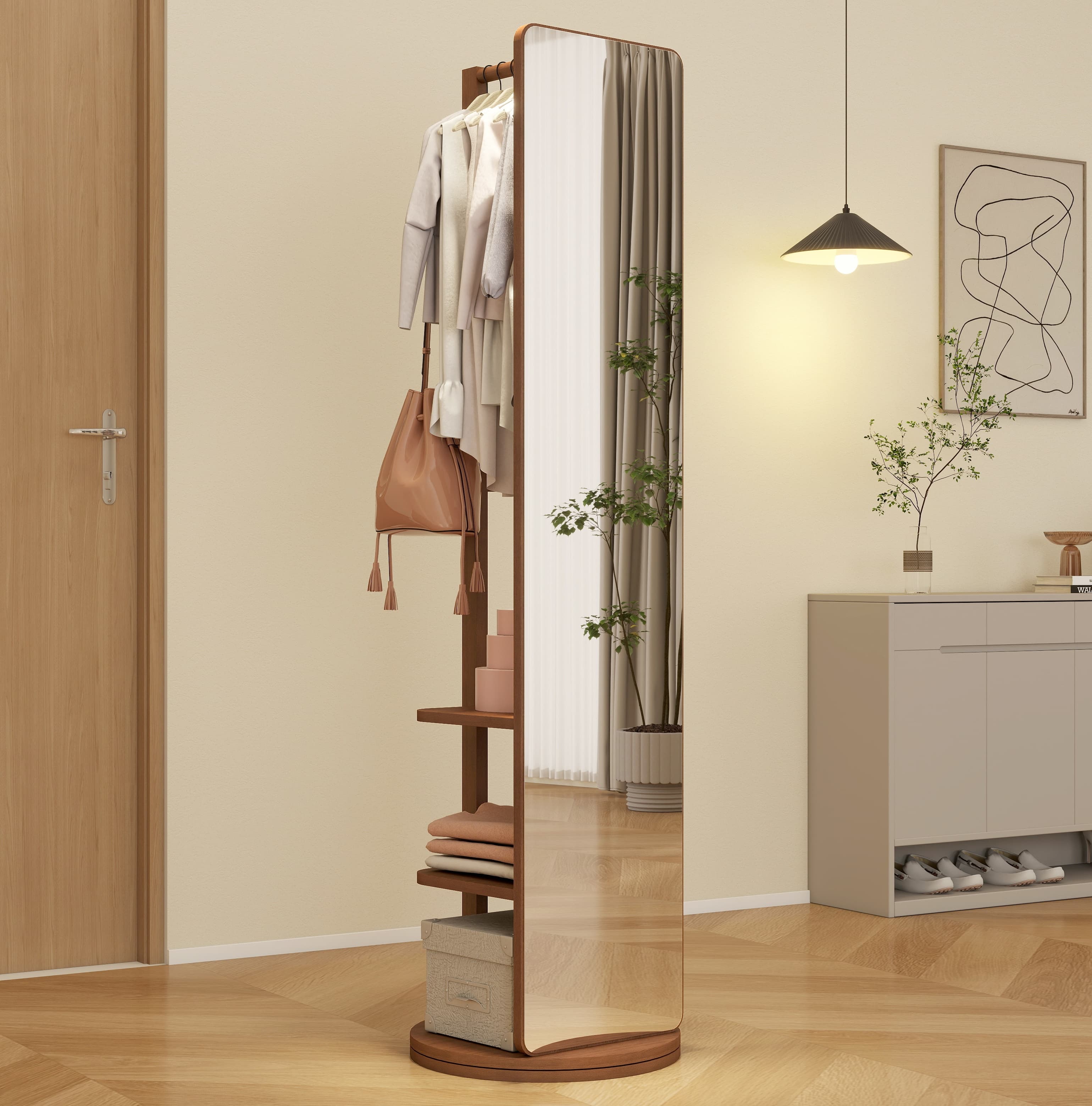 Full-length mirror solid wood + rubber wood + glass, 65.7*17.7in(mirror width:13.7in) Large mirror for viewing the whole body, easy to dress and tidy up and place in the bedroom/living room (Walnut)