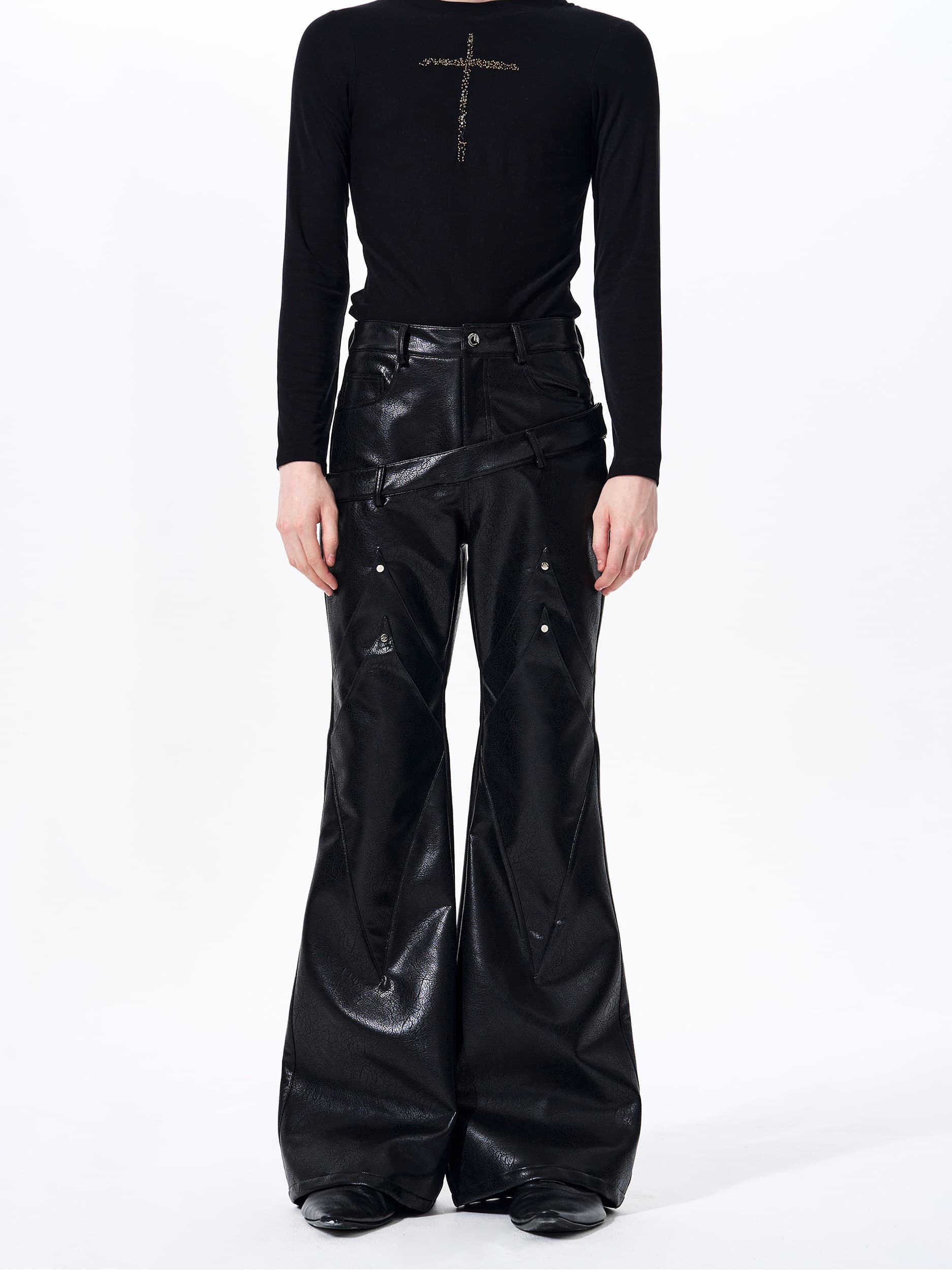 Double-waistband, Slightly Flared Leather Pants