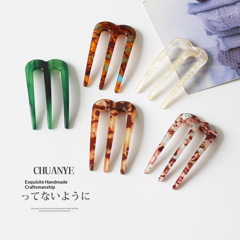 French-style Acetic Acid Three-tooth Hairpin For Women