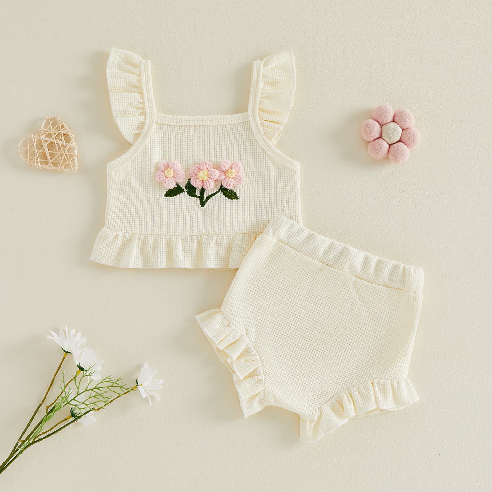 Three-dimensional Flower Top And Pants Set