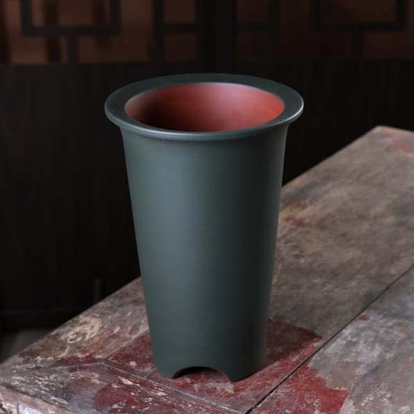 Straight Sided Green Clay Slip Coated Purple Clay Flower Pot Ornament