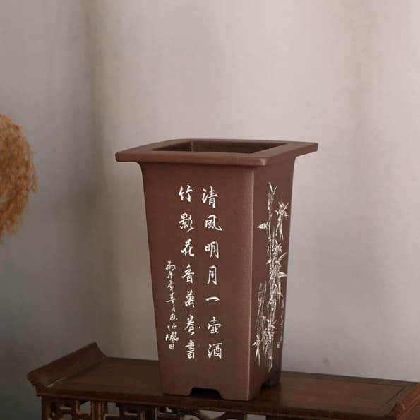 Exquisite Purple-sand Carved Classic Floating-rim Square Sign Tube Flower Pot