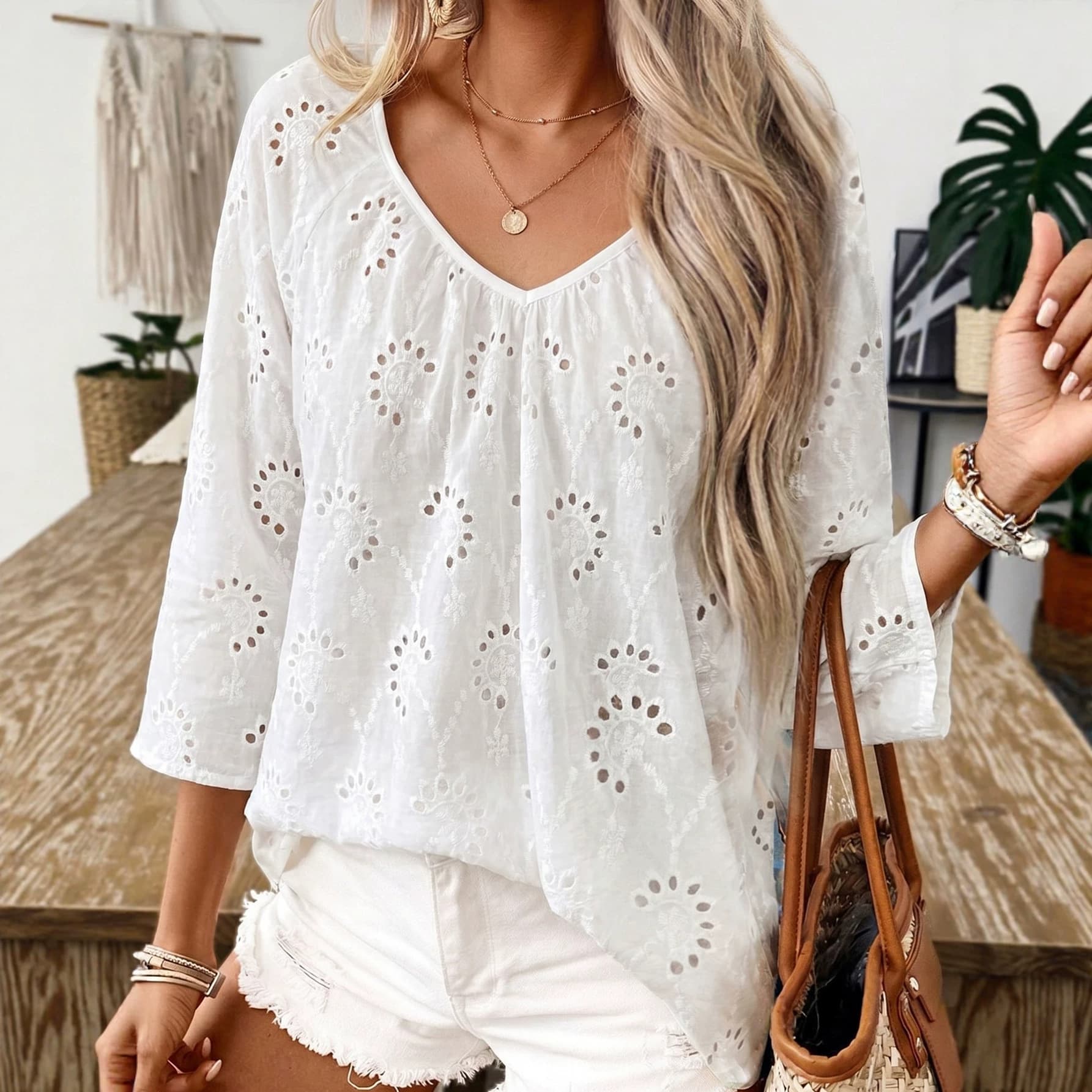Elegant Embroidered Hollow-Out Shirt Womens Top