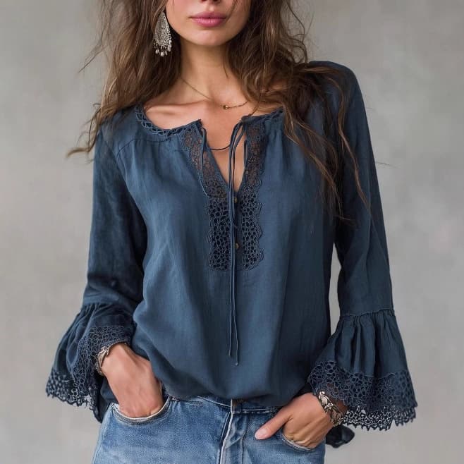 Vintage Lace-Trimmed Cotton-Linen Shirt Top For Women