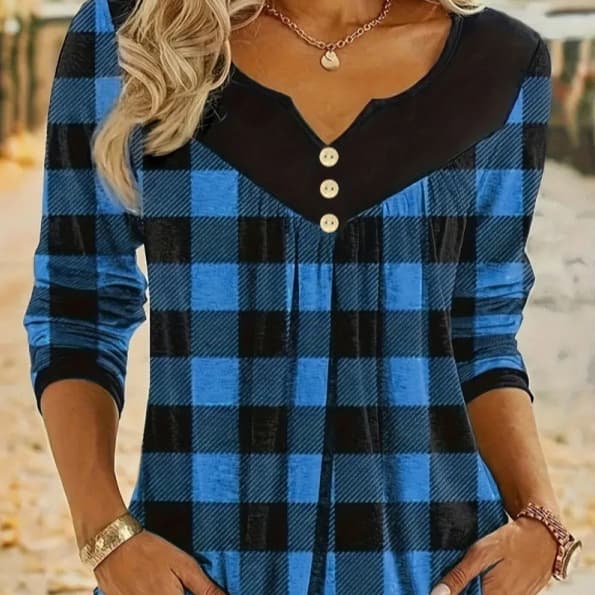Womens Casual Pleated Plaid Printed Top