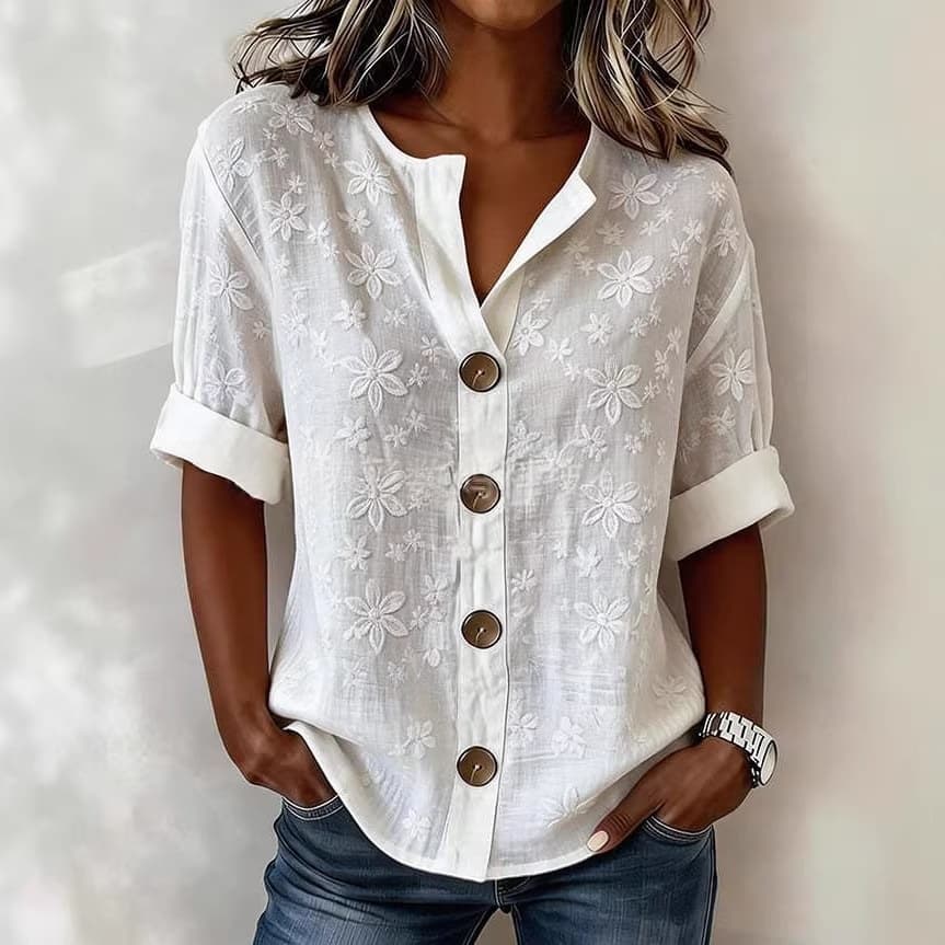 Lantern-sleeve Printed Button-up Womens Blouse