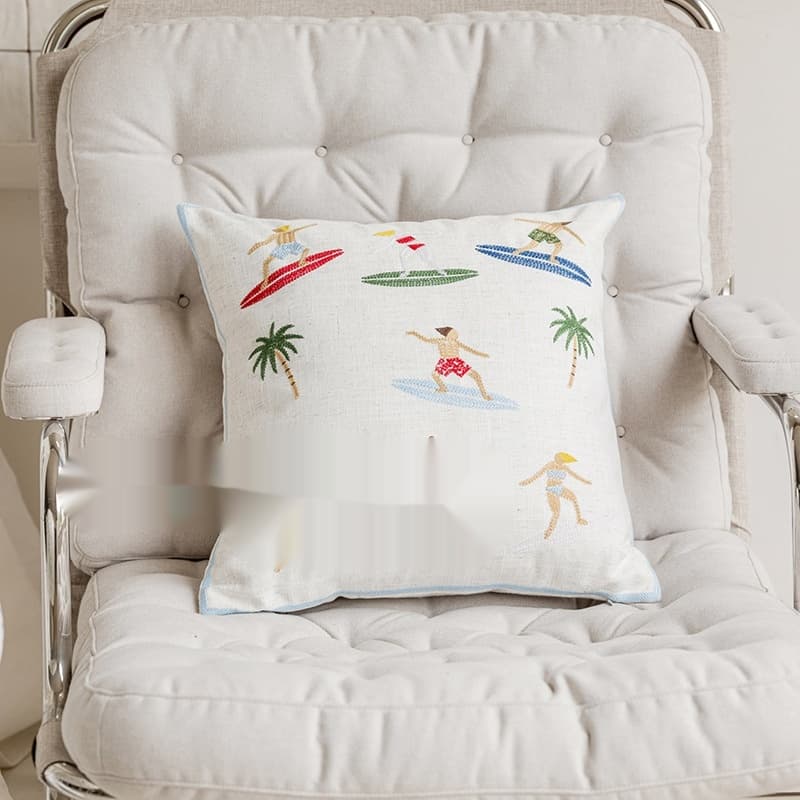 Summer Ocean Surf Embroidered Cotton Pillow Cover