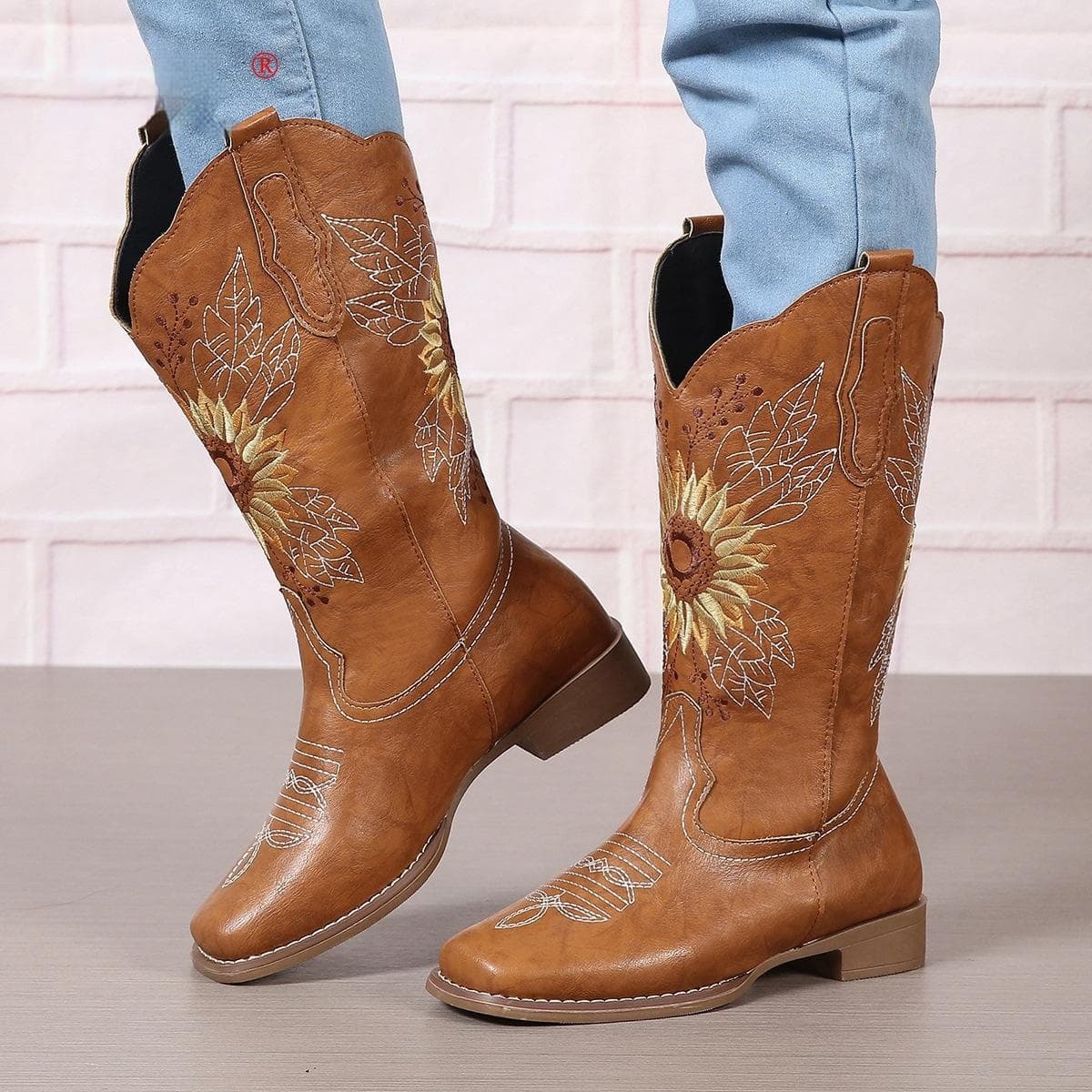 Western-style Chunky-heeled Plus-size Embroidered Long Boots For Foreign Trade
